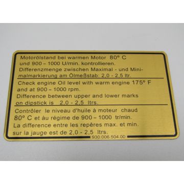 Etiquette adhesive, niveau d'huile moteur pour Porsche 911 '78-'80