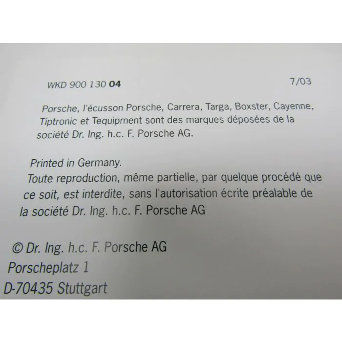1reEDITION Porsche 980 Carrera GT Garantie & Entretien Carnet d'entretien 7/03