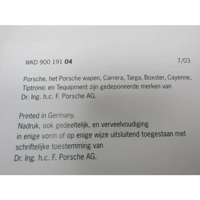 1reEDITION Porsche 980 Carrera GT Garantie & Entretien Carnet d'entretien 7/03 (version néerlandaise)